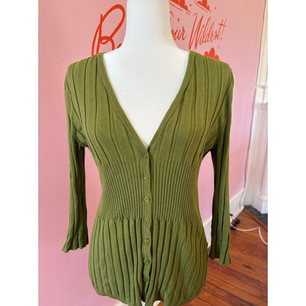 Vintage Olive Green Ribbed Cardigan by Joseph A. | Size L (Very Stretchy!)